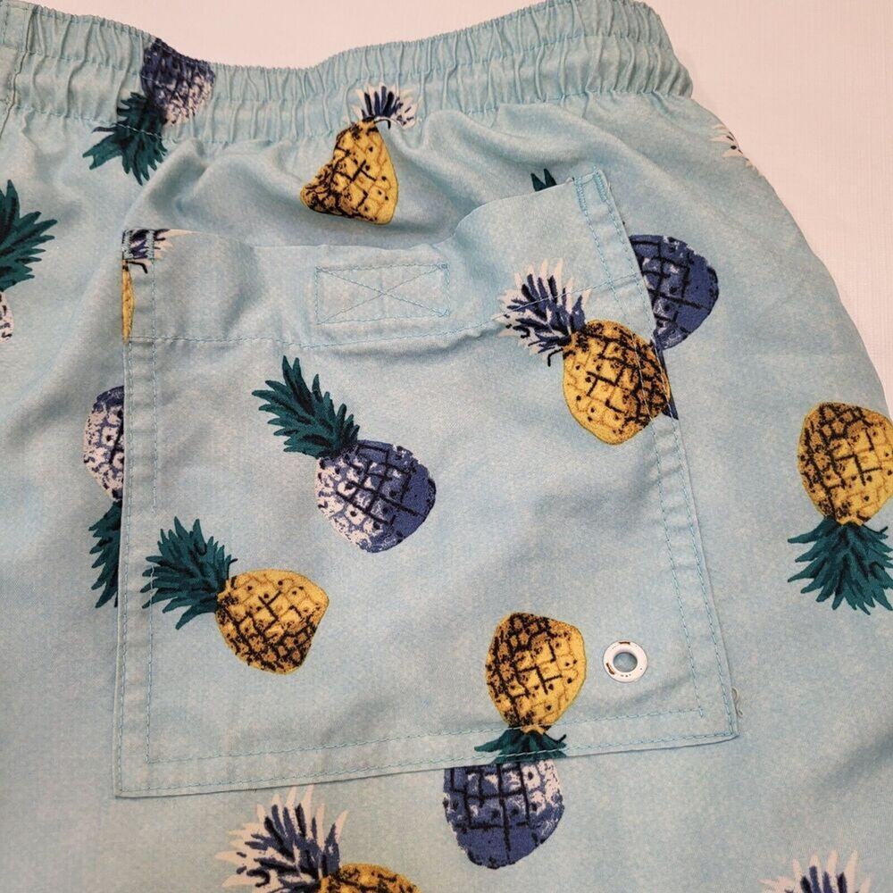 Old Navy Men's Large Swim Trunks Elastic Waist Light Blue Gold & Blue Pineapples - Picture 7 of 15